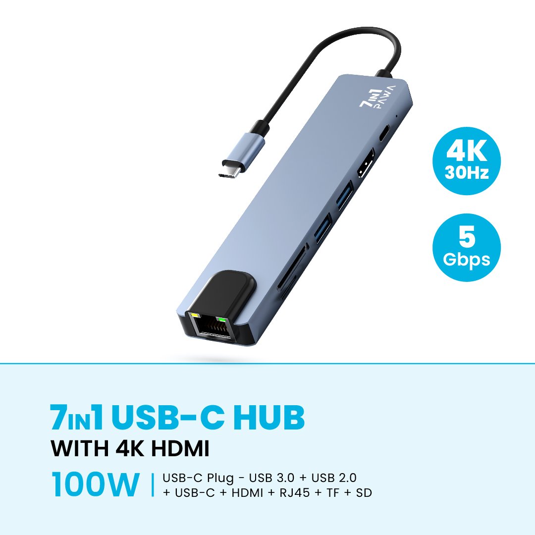 PAWA هب USB-C بـ 7 في 1 مع HDMI بدقة 4K