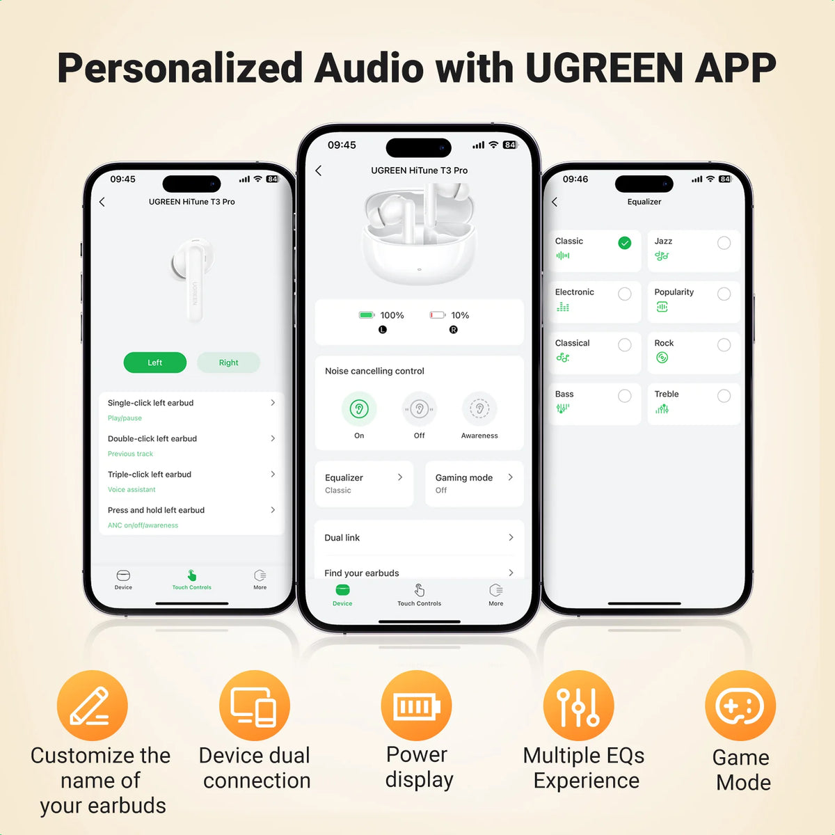UGREEN HiTune T3 Pro Active Noise-Cancelling Earbuds - White