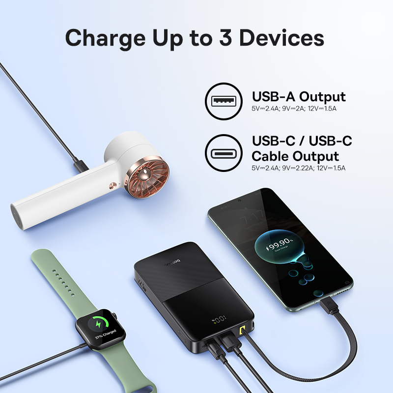 Baseus بنك الطاقة EnerFill FC51 Bipow2 Pro بشاشة عرض رقمية وكابل مدمج، سعة 10000 مللي أمبير، قدرة 22.5 واط - E0027600 - أسود كوني