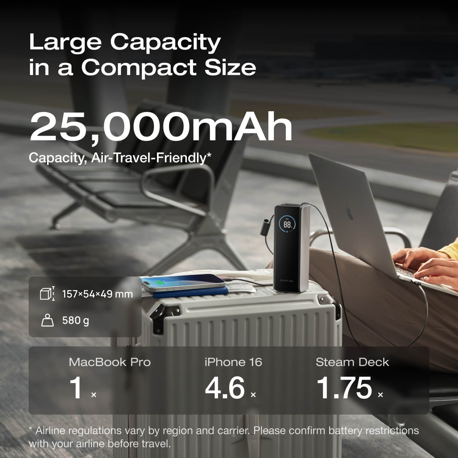 EcoFlow RAPID Power Bank (25,000mAh, 170W, 100W Built-In and Retractable Cables) - Silver