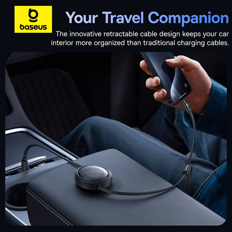 Baseus Free2Draw 1.1m USB-C to M+L+C 100W Retractable Crystal Cable – Black