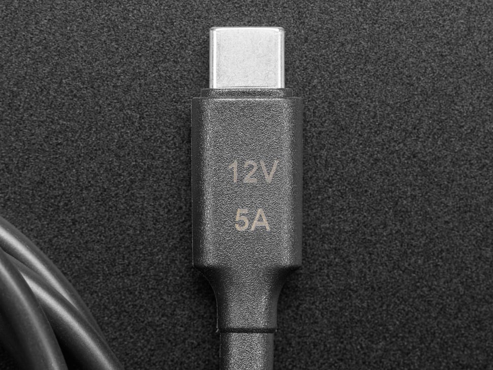 AdaFruit كابل USB Type-C 3.1 PD إلى مقبس DC بحجم 5.5 مم - خرج 12 فولت 5 أمبير بطول 1.2 متر مع E-Mark - أسود
