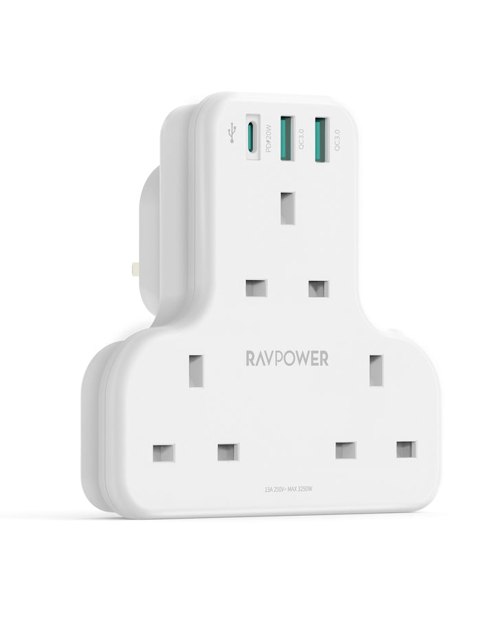 RAVPower PD Pioneer شاحن حائط بقوة 20 واط وثلاثة منافذ بقابس بريطاني - أبيض