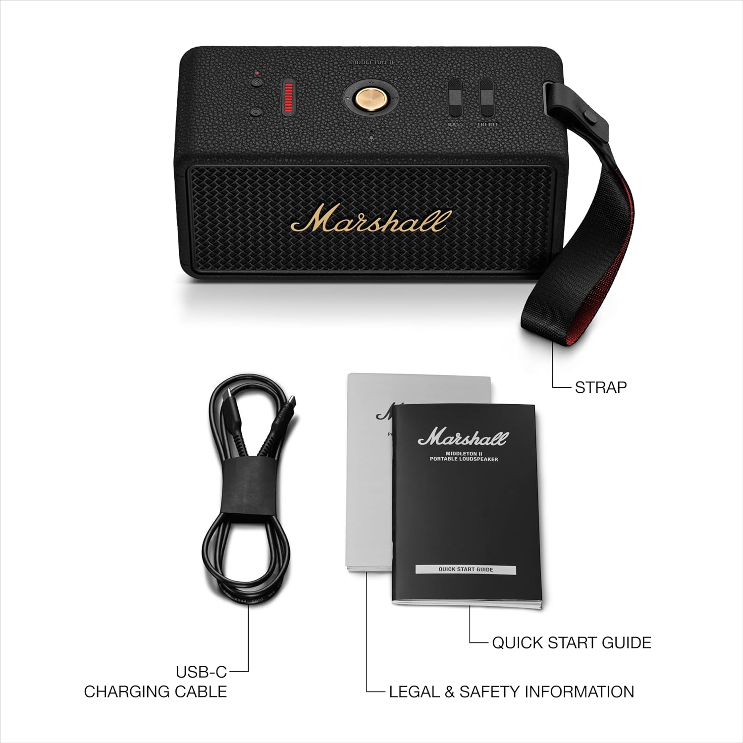 Marshall Middleton II Portable Wireless Bluetooth Speaker-Black/Brass-MIDDLETON2-BK/BRS