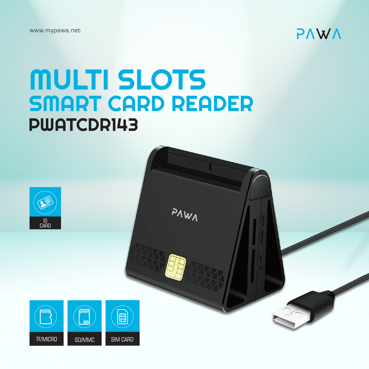 PAWA قارئ بطاقات ذكية متعدد الفتحات - أسود