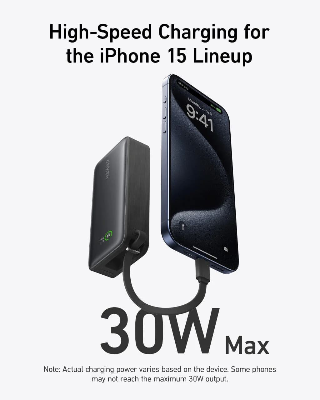 باور بانك أنكر نانو (30 واط، كابل USB-C مدمج) 10000 PD - أسود