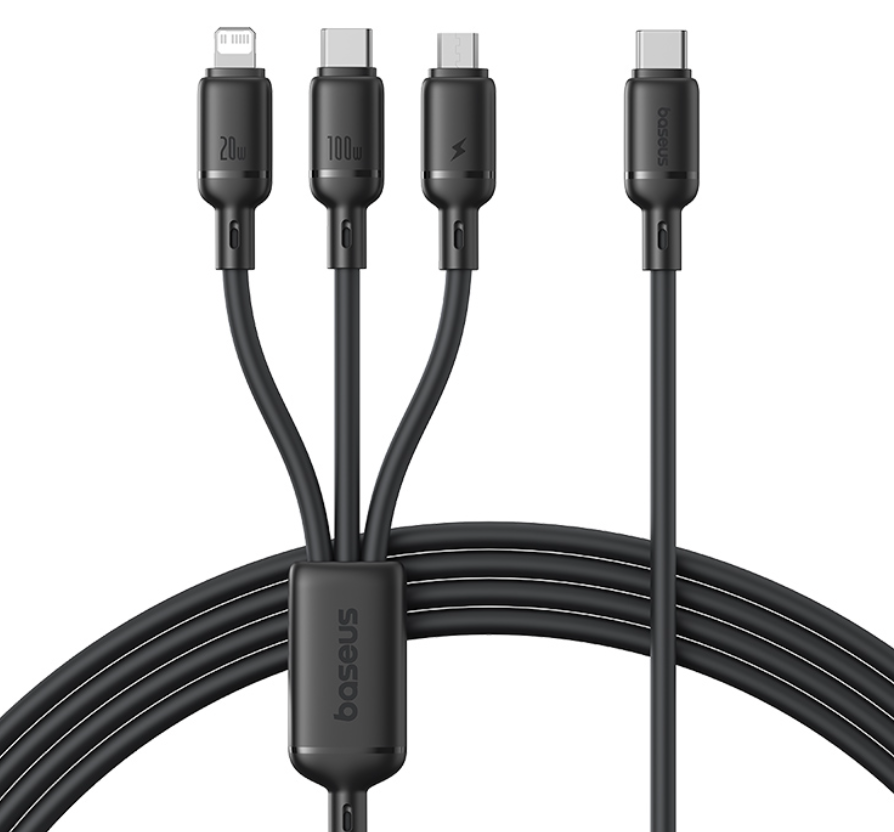 Baseus Silky 1.5m USB-C to M+L+C 100W 3-in-1 Fast Charging Cable – Black