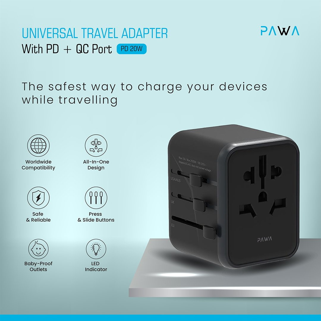 محول سفر عالمي PAWA مع منفذ PD + QC بقوة 20 واط