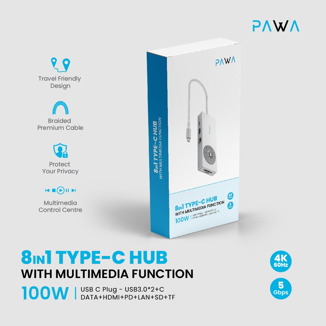 PAWA هب Type-C بـ 8 في 1 مع خاصية الوسائط المتعددة
