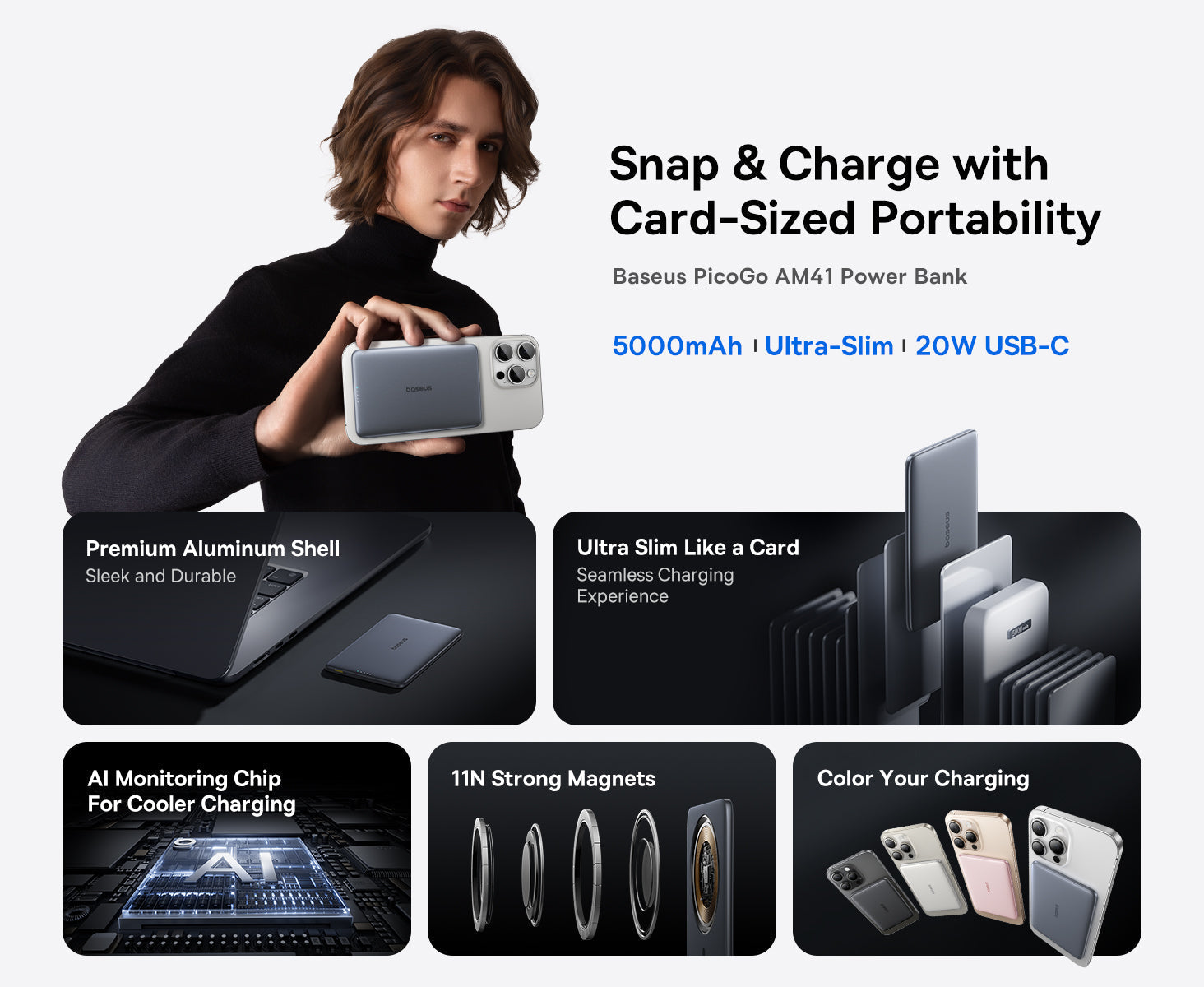 Baseus PicoGo AM41 Ultra-Slim Magnetic Power Bank 5000mAh 20W - P1007680C813-00 - Grey