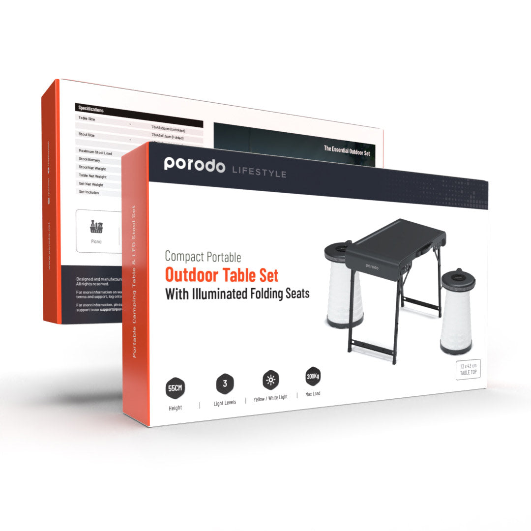 Porodo Lifestyle Compact Portable Outdoor Table Set With Illuminated Folding Seats - PD-CFDLDSTS-GY