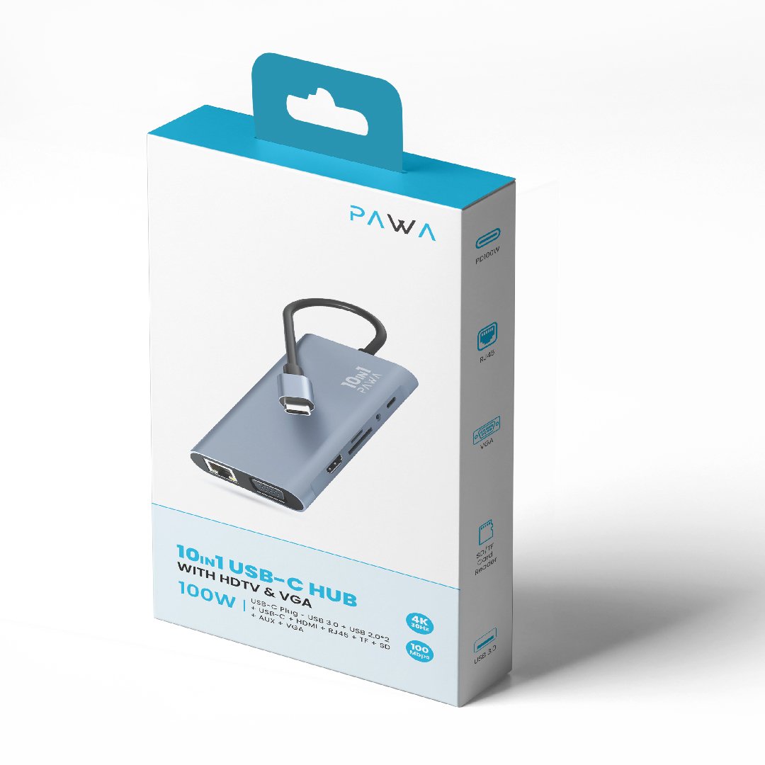 PAWA هب USB-C بـ 10 في 1 مع HDTV و VGA