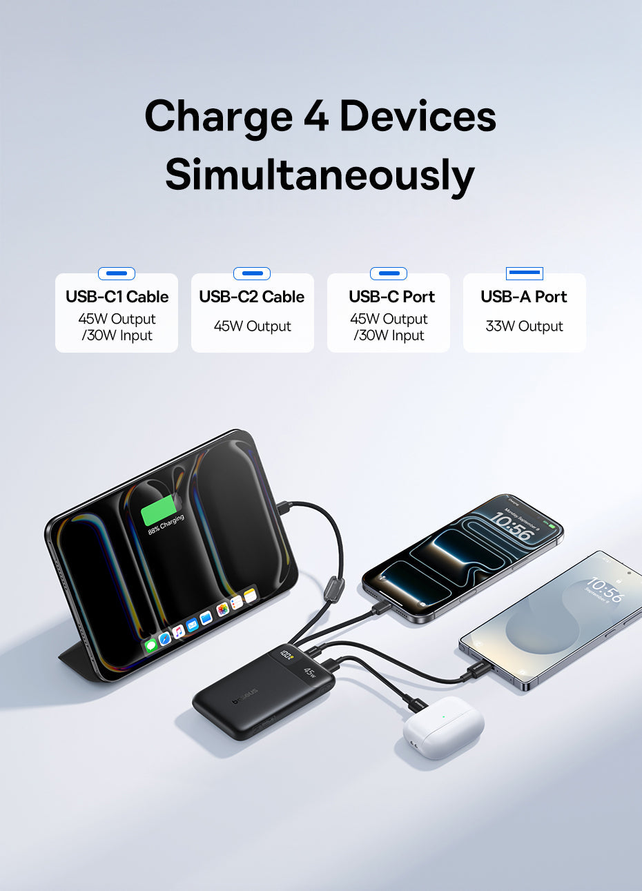 Baseus بنك طاقة EnerFill FC11 بشاشة عرض رقمية وكابلين USB-C مدمجين، سعة 10000 مللي أمبير، قدرة 45 واط - E0031000 - أسود كوني
