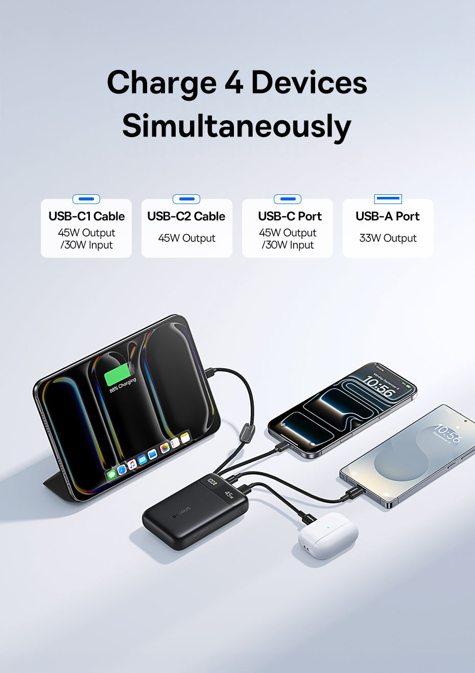 Baseus بنك طاقة EnerFill FC11 بشاشة عرض رقمية وكابلين USB-C مدمجين، سعة 20000 مللي أمبير، قدرة 45 واط - E0031100 - أسود كوني