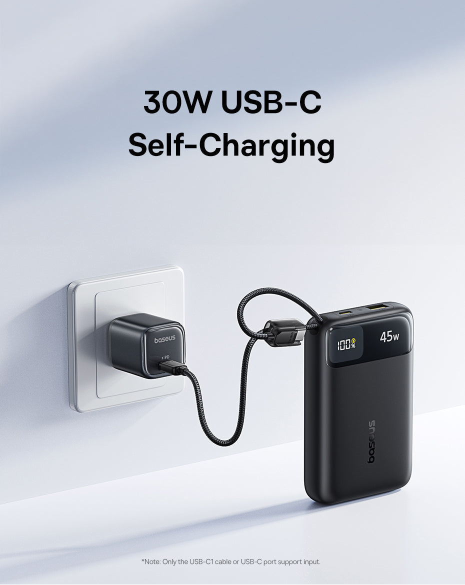 Baseus بنك طاقة EnerFill FC11 بشاشة عرض رقمية وكابلين USB-C مدمجين، سعة 20000 مللي أمبير، قدرة 45 واط - E0031100 - أسود كوني