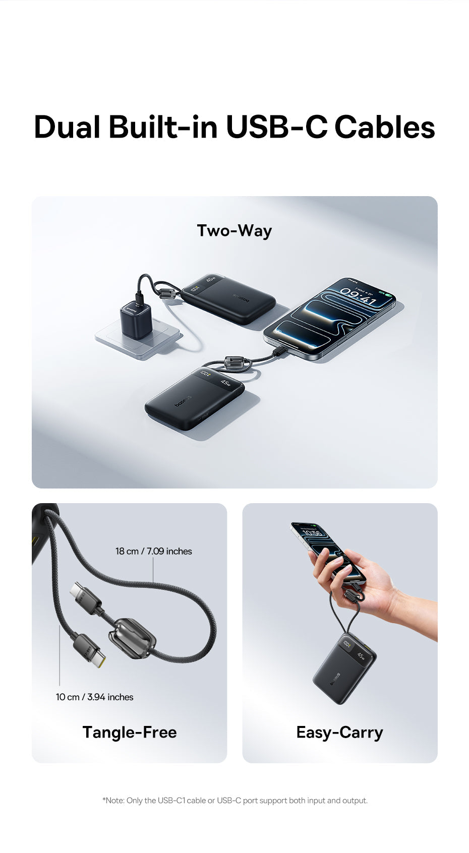 Baseus بنك طاقة EnerFill FC11 بشاشة عرض رقمية وكابلين USB-C مدمجين، سعة 10000 مللي أمبير، قدرة 45 واط - E0031000 - أسود كوني