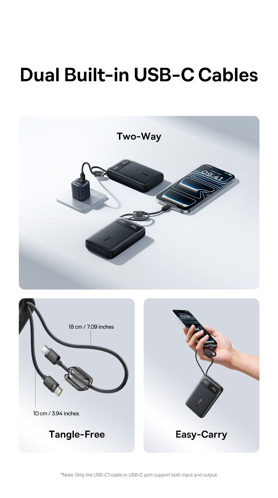 Baseus بنك طاقة EnerFill FC11 بشاشة عرض رقمية وكابلين USB-C مدمجين، سعة 20000 مللي أمبير، قدرة 45 واط - E0031100 - أسود كوني