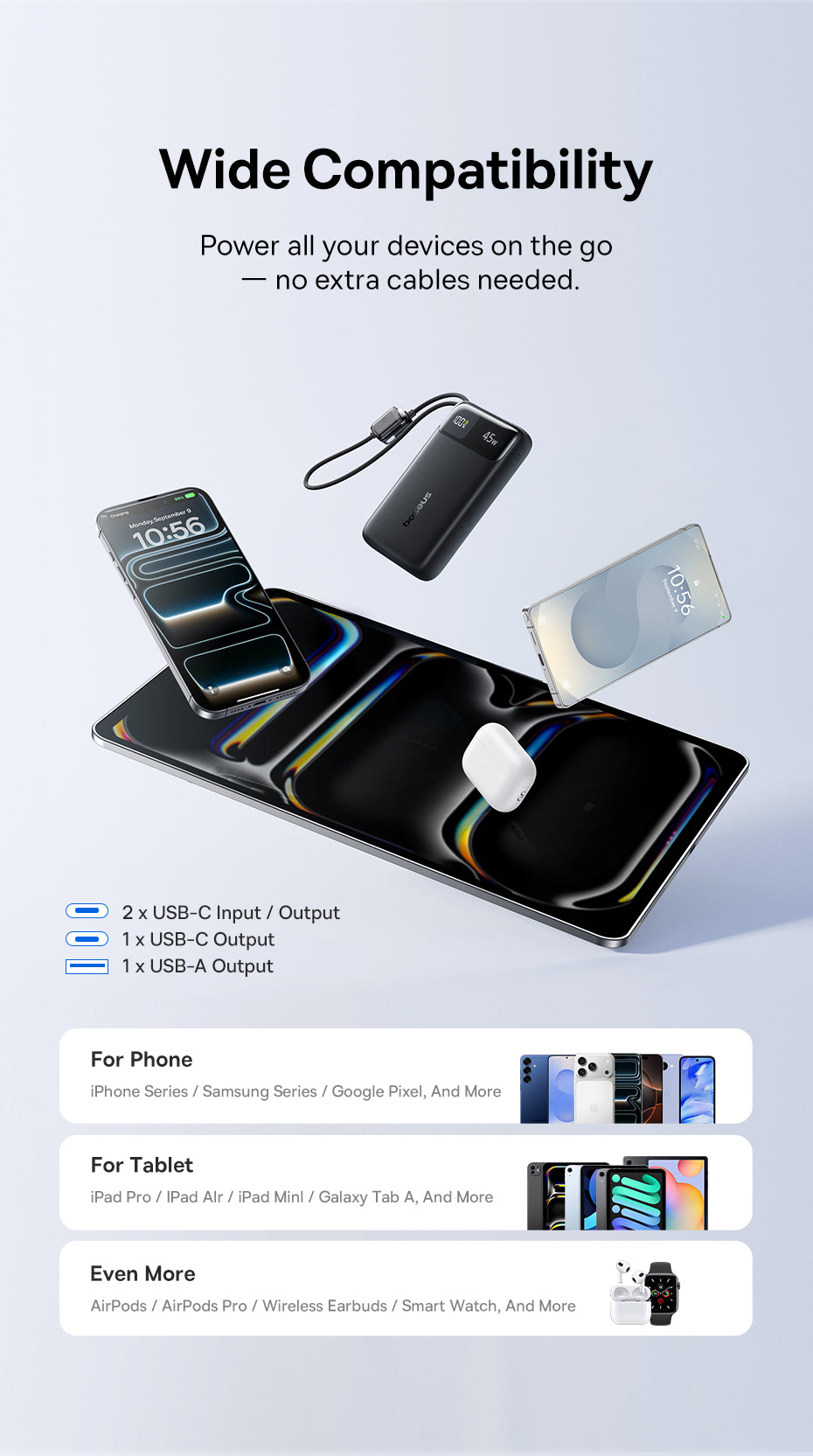 Baseus بنك طاقة EnerFill FC11 بشاشة عرض رقمية وكابلين USB-C مدمجين، سعة 20000 مللي أمبير، قدرة 45 واط - E0031100 - أسود كوني