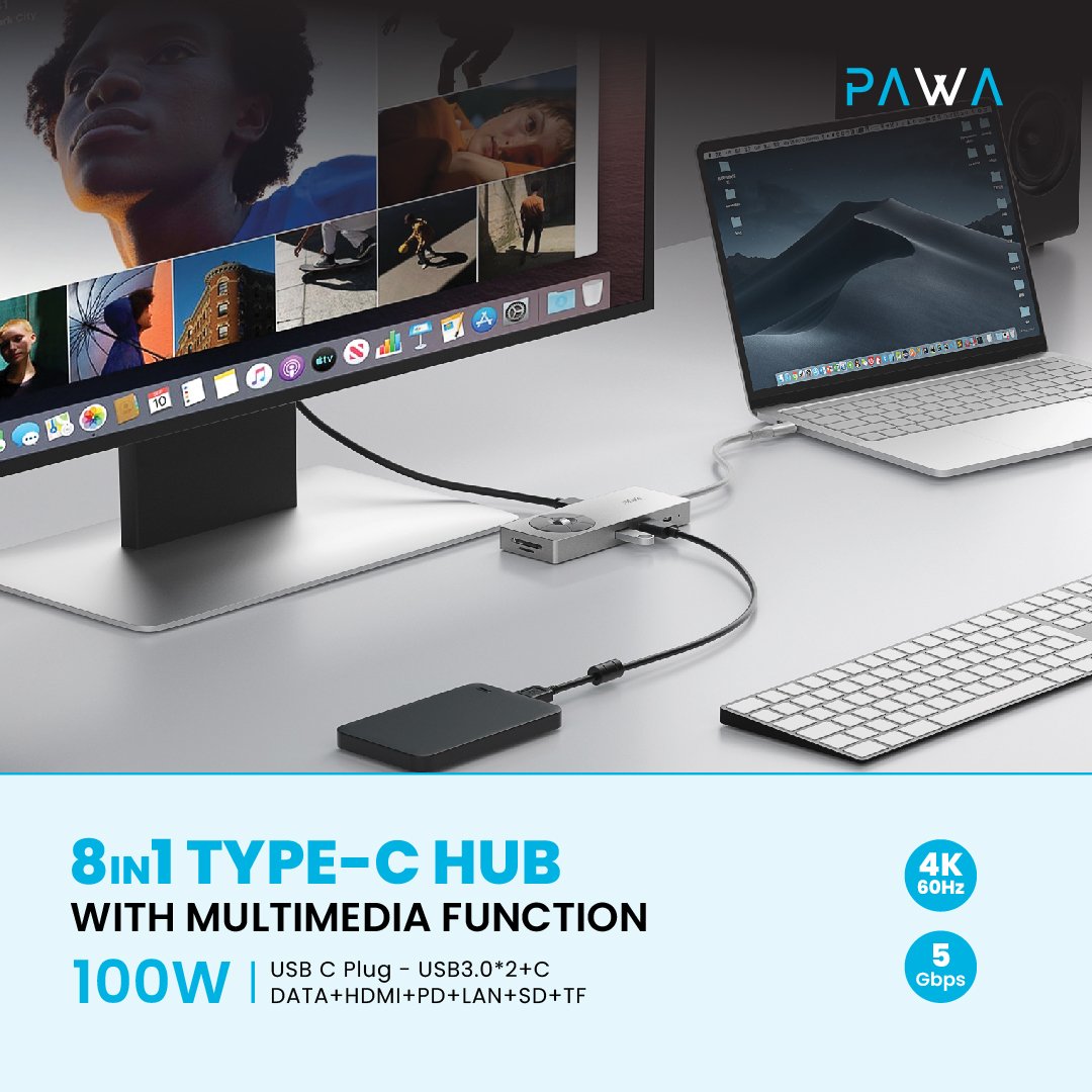 PAWA هب Type-C بـ 8 في 1 مع خاصية الوسائط المتعددة