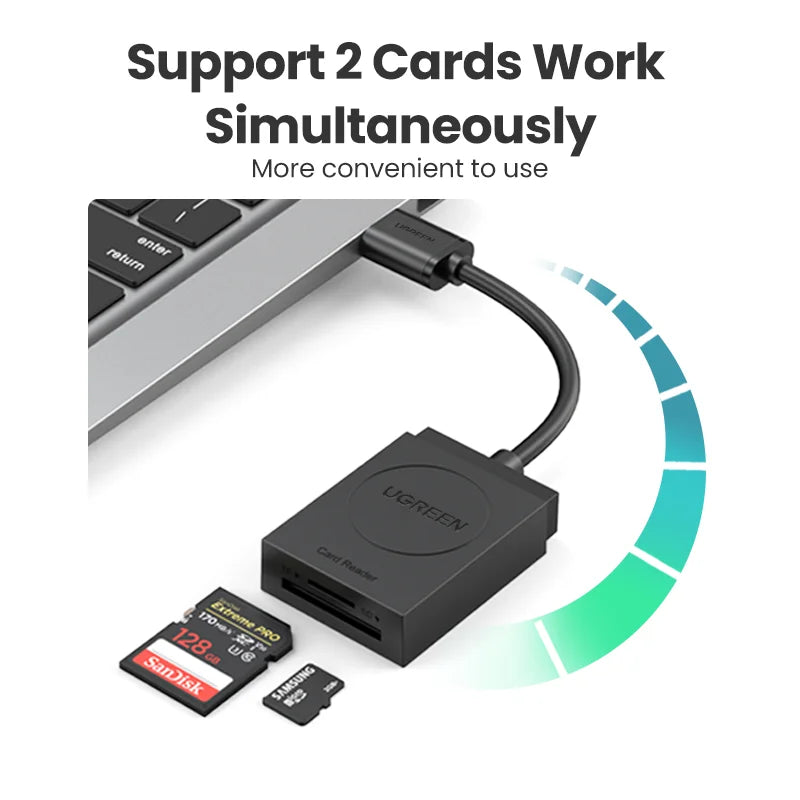 UGREEN قارئ بطاقات USB 3.0 لفتحتي TF وSD أسود - CR127