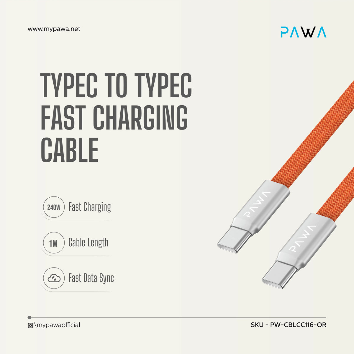 PAWA إيجنايت سينك كابل مغناطيسي مضفر Type-C إلى Type-C بقوة 240 واط - برتقالي