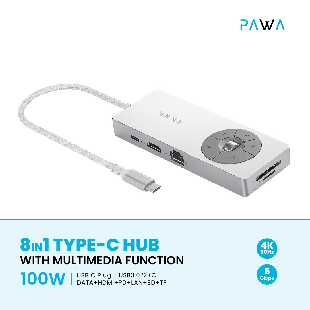 PAWA هب Type-C بـ 8 في 1 مع خاصية الوسائط المتعددة