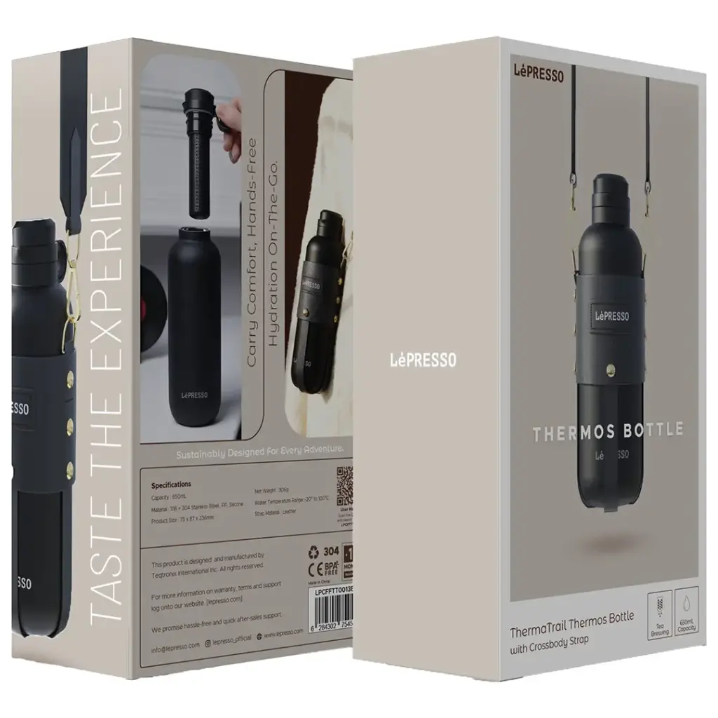 زجاجة ترمس LePresso ThermaTrail مع حزام للكتف (أسود)