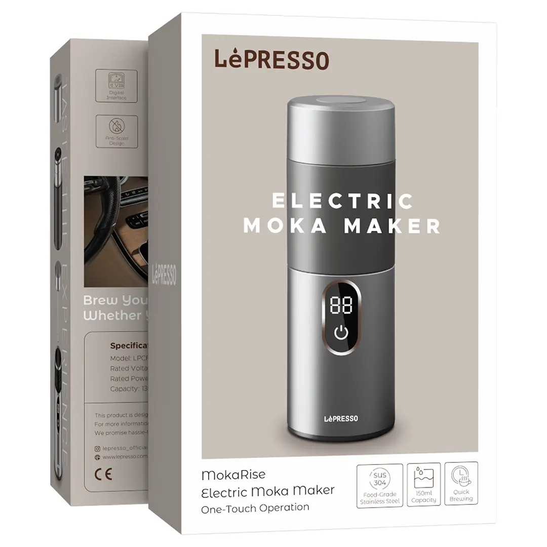 LePresso MokaRise صانعة قهوة موكا كهربائية بلمسة واحدة - فضي