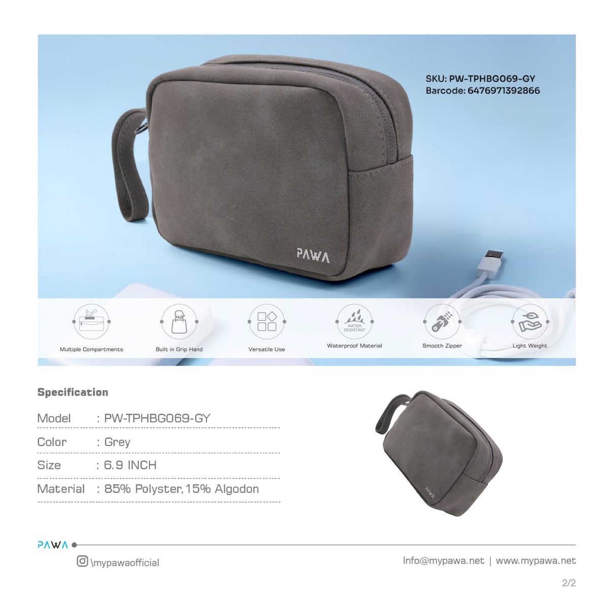 PAWA Bello Travel Pouch - Grey