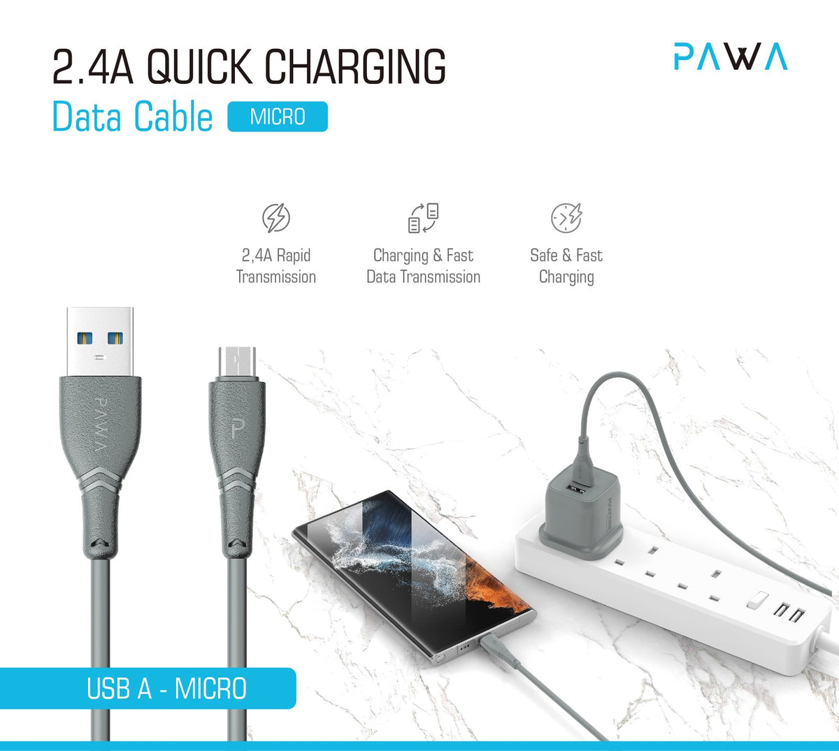 PAWA كابل بيانات مايكرو USB شحن سريع 2.4 أمبير 1.2 متر - أبيض