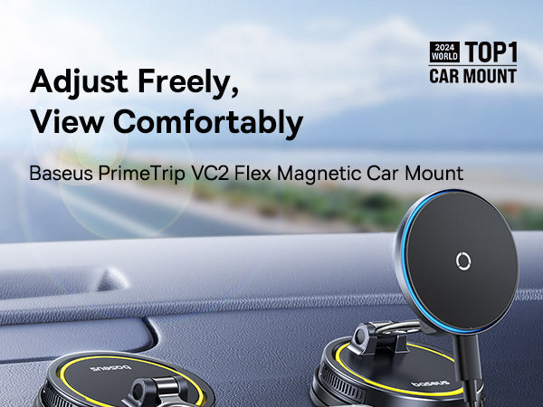 Baseus شاحن سيارة لاسلكي مغناطيسي PrimeTrip VC2 Flex Pro مع قاعدة تثبيت بكوب شفط - C0013F01 - أسود كوني