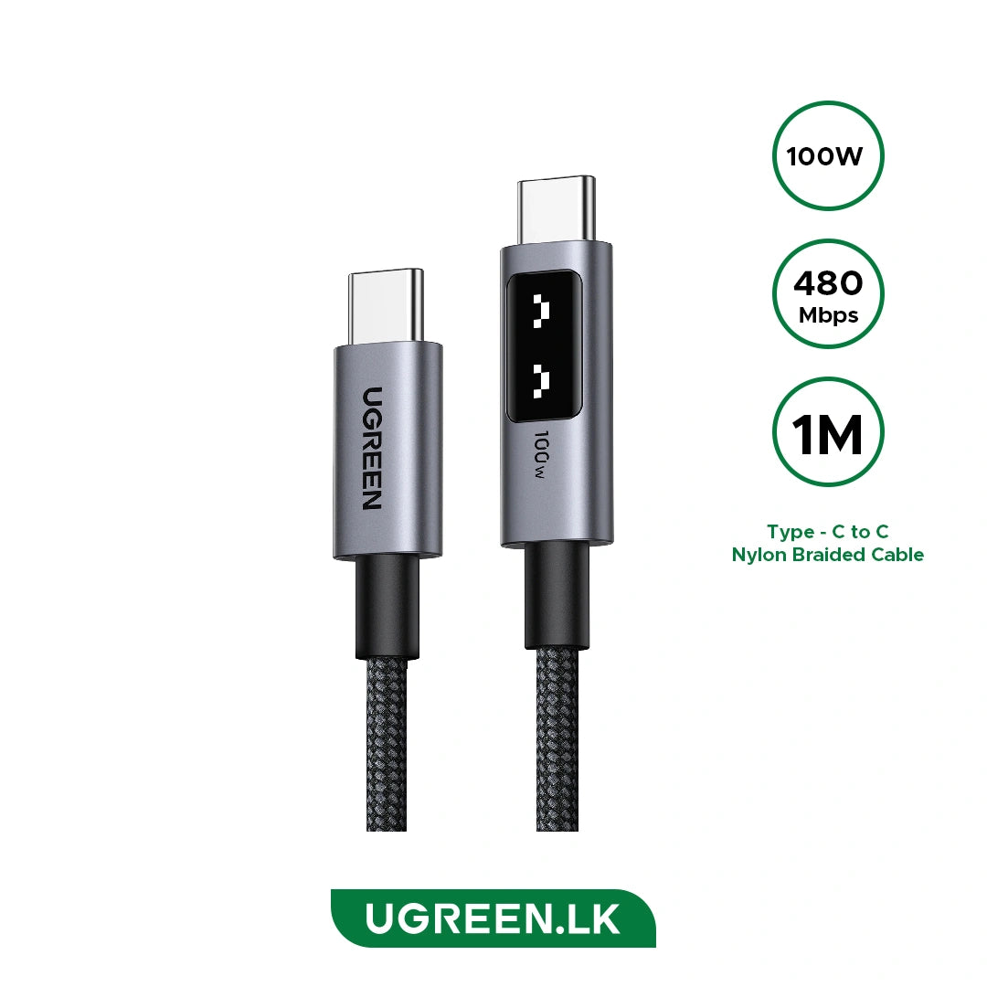 UGREEN كابل شحن سريع Uno USB-C إلى USB-C PD، 5 أمبير كحد أقصى، 1 متر، 100 واط، أسود - L509