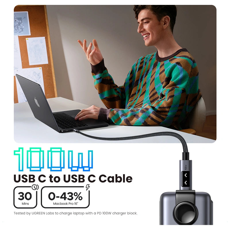UGREEN كابل شحن سريع Uno USB-C إلى USB-C PD، 5 أمبير كحد أقصى، 2 متر، 100 واط، أسود - L509