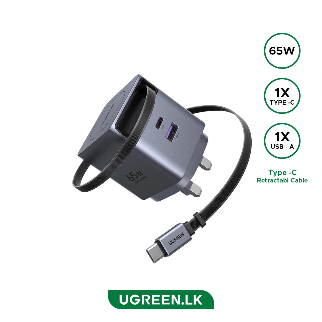 UGREEN 65W GaN Fast Charger with Retractable Cable (2-port) (Space Gray) - X615