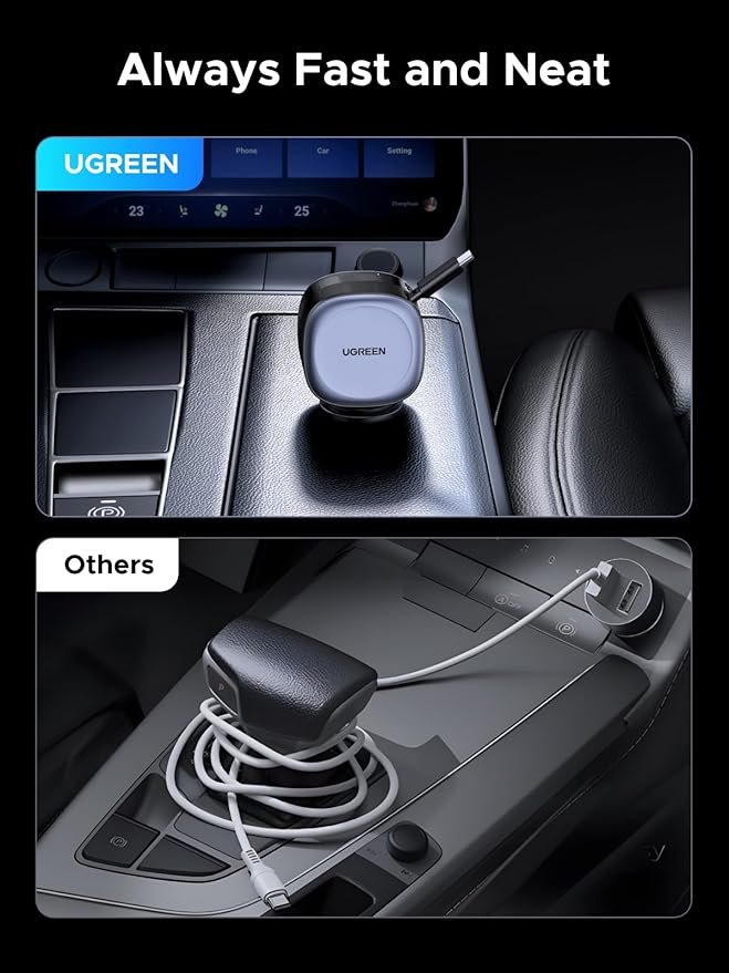 UGREEN 75W Fast Car Charger with Retractable Cable Type C (Space Grey) - EC601
