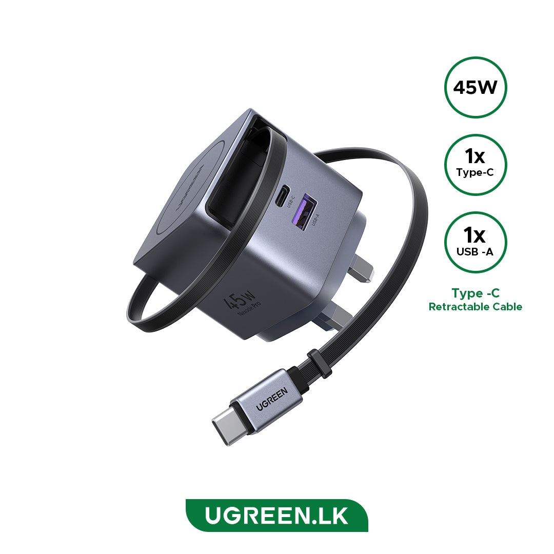 UGREEN 45W GaN Fast Charger with Retractable Cable (2-port) (Space Gray) - x614