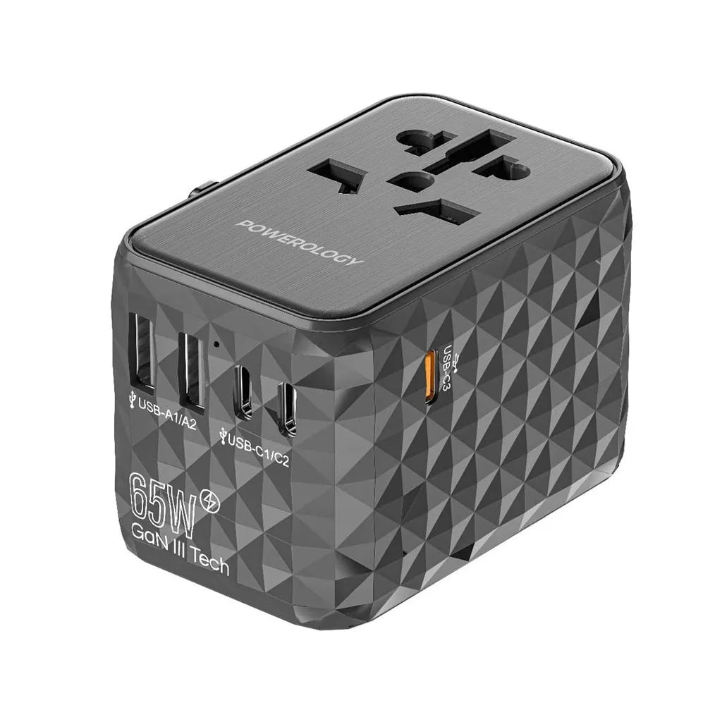 Powerology Universal Multi-Port GaN Travel Adapter 3x Type-C With 2x USB-A Ports 65W PD - P65W3PD-GY - Gray