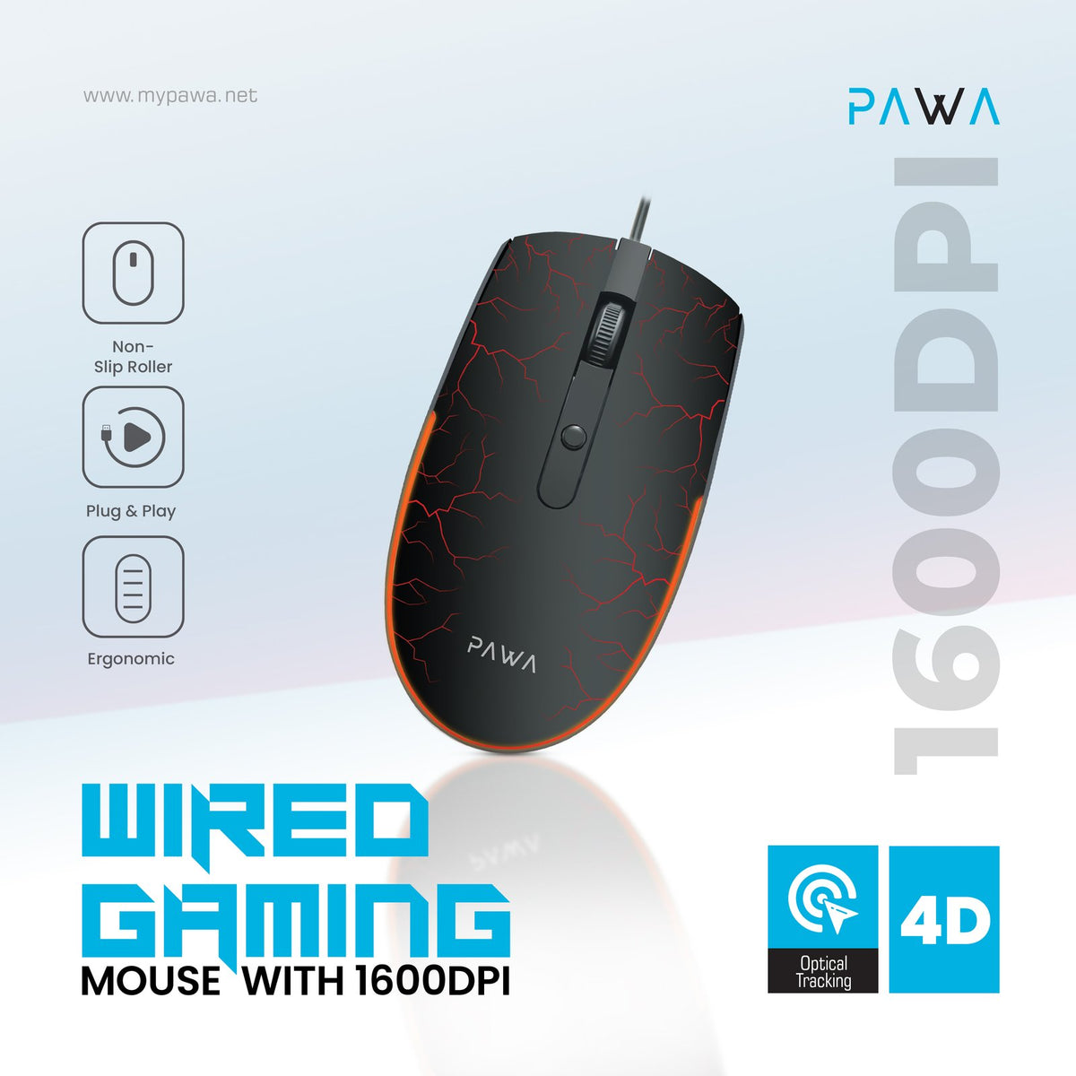 PAWA ماوس ألعاب سلكي بدقة 1600 نقطة - أسود