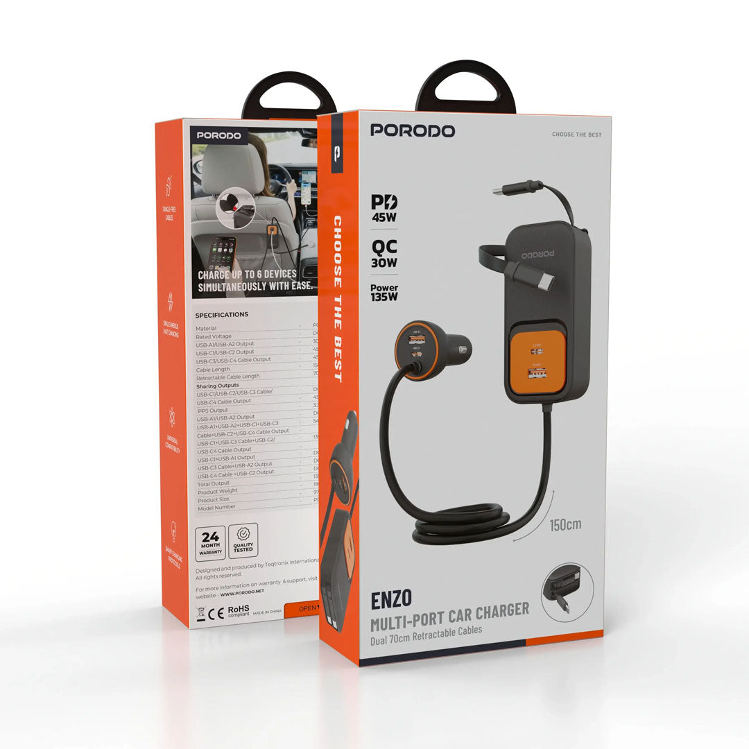 Porodo  ENZO MULTI-PORT CAR CHARGER Dual 70cm Retractable Cables - PDCCR32BK