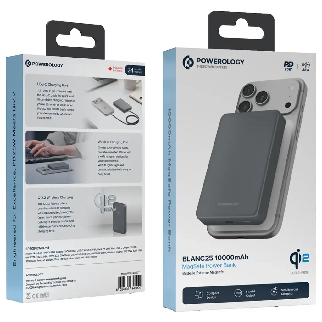 Powerology Blanc25 باور بانك MagSafe 10000 مللي أمبير - رمادي