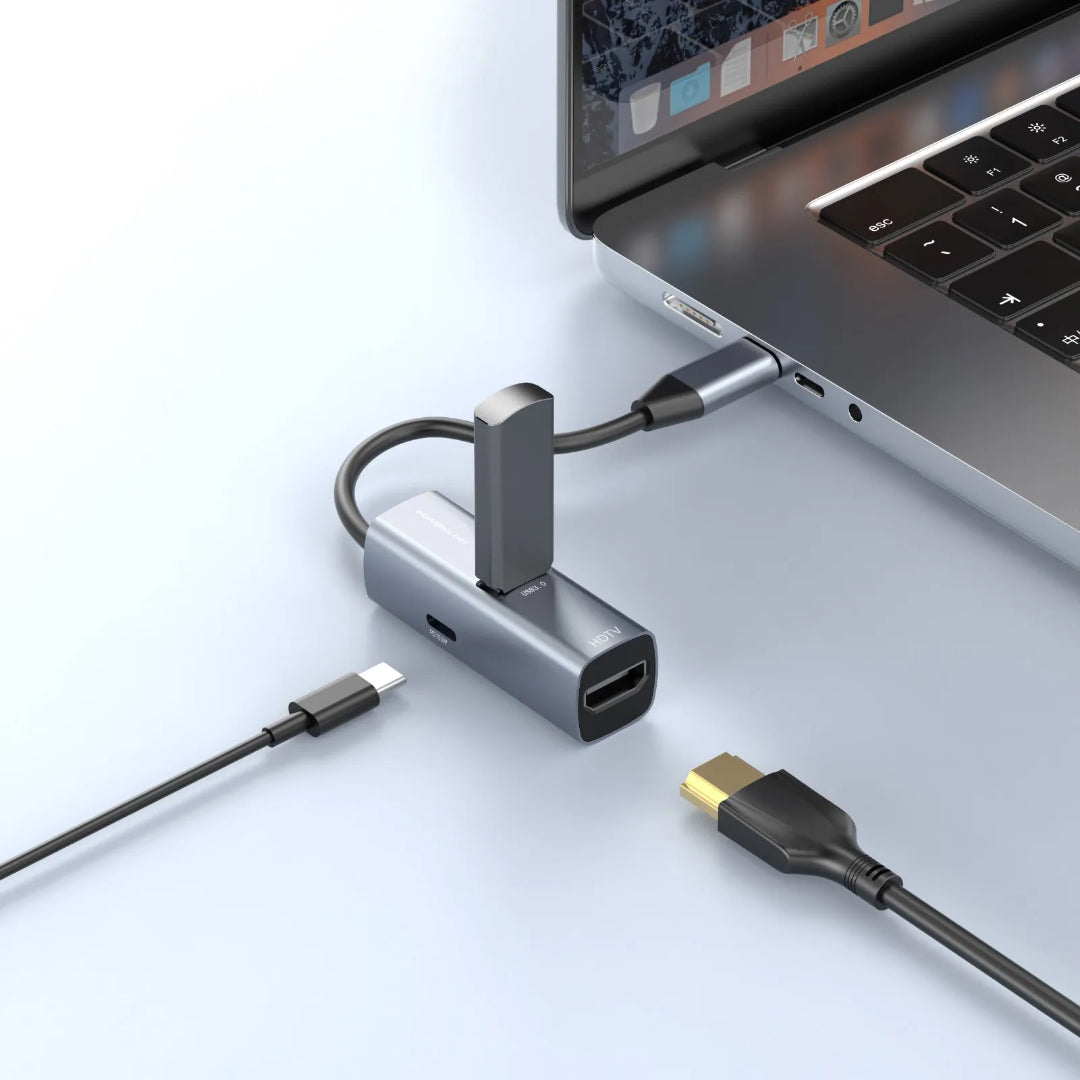 Powerology موزع USB-C صغير من الألومنيوم - PWJT424BK - أسود