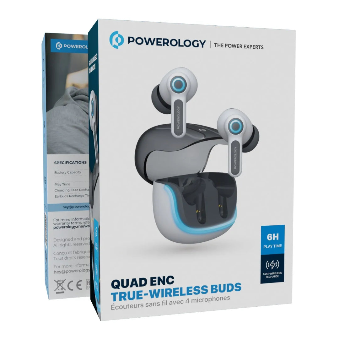 Powerology سماعات أذن لاسلكية حقيقية بتقنية Quad ENC - PWLAU005-WH - أبيض