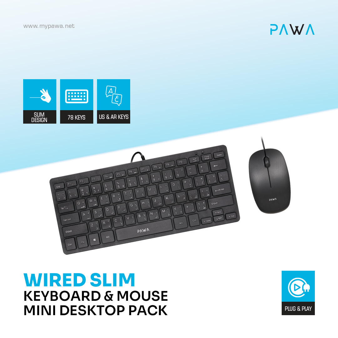 PAWA Wired Slim Keyboard & Mouse Mini Desktop Pack - Black