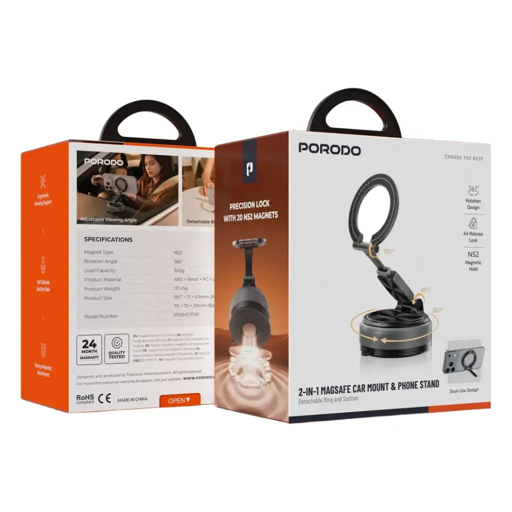 Porodo 2-in-1 MagSafe Car Mount & Phone Stand - Black
