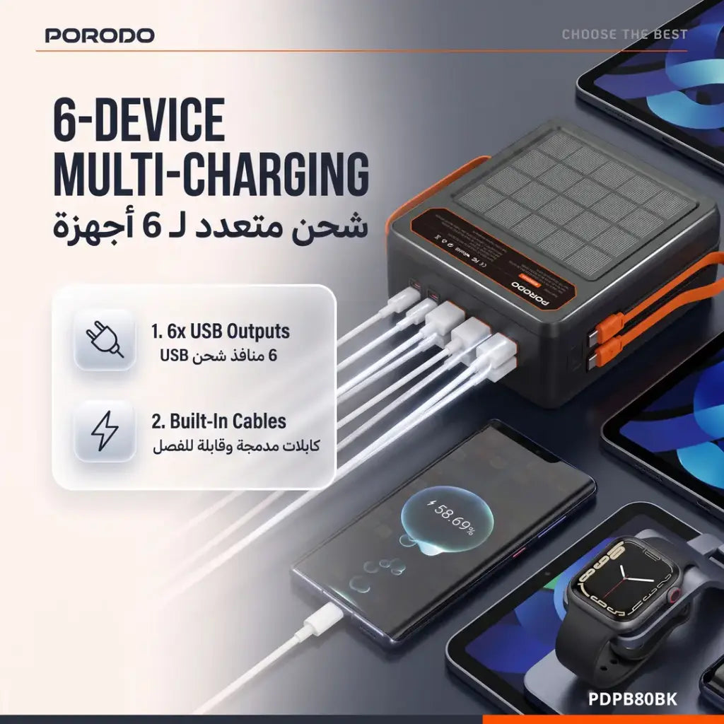 Porodo LAROS باور بنك يعمل بالطاقة الشمسية 120000 مللي أمبير - أسود