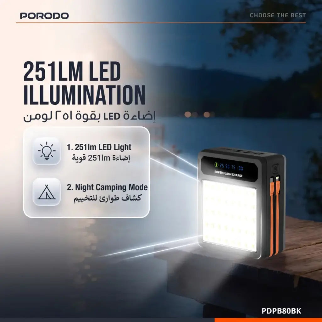 Porodo LAROS باور بانك شمسي 80000 مللي أمبير مع شحن سريع 22.5 واط وكوابل مدمجة - أسود