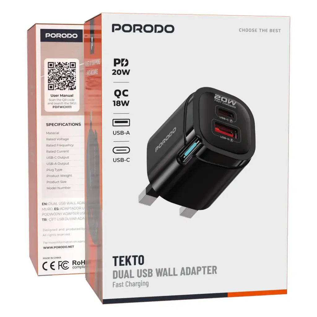 Porodo Tekto شاحن جداري مزدوج USB-A وUSB-C مع كابل USB-C إلى USB-C - أسود