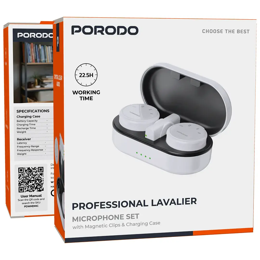 Porodo Lavalier Microphones Type-C Connector With Lightning Adapter - PDWMDMICWH