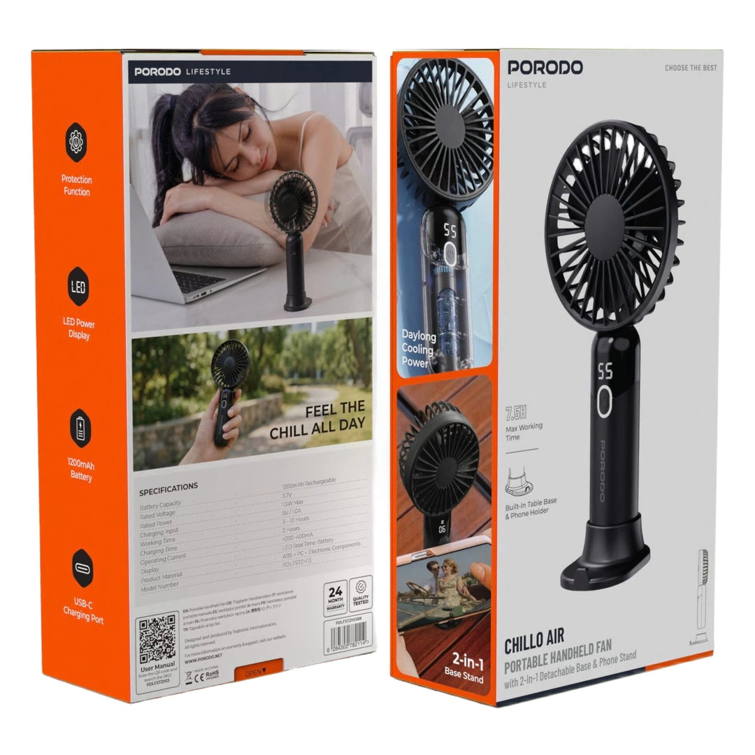 Porodo Lifestyle Chillo Air Portable Handheld Fan With 2-in-1 Base & Phone Stand - Black