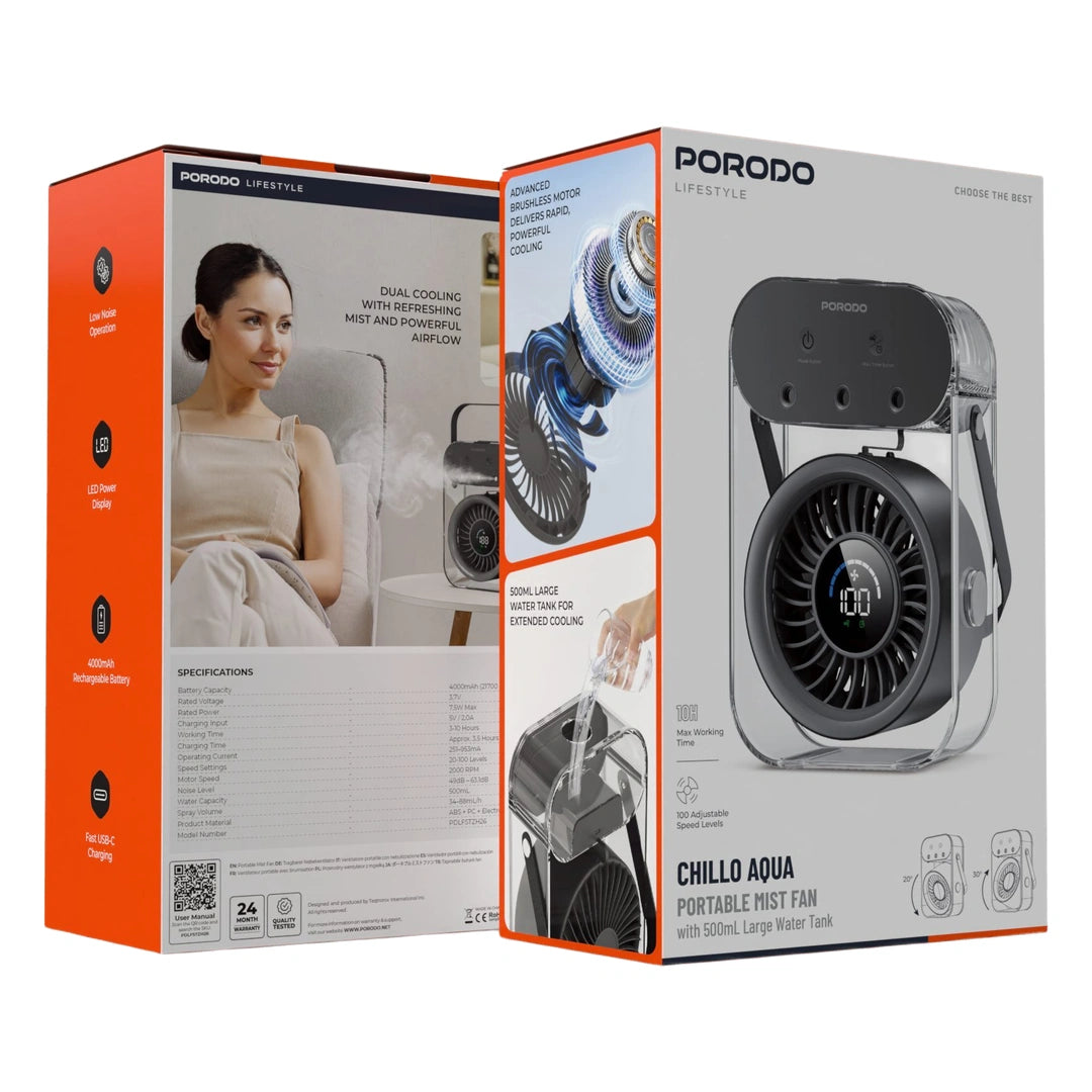 Porodo Lifestyle Chillo Aqua Portable Mist Fan With 500mL Water Tank - Black
